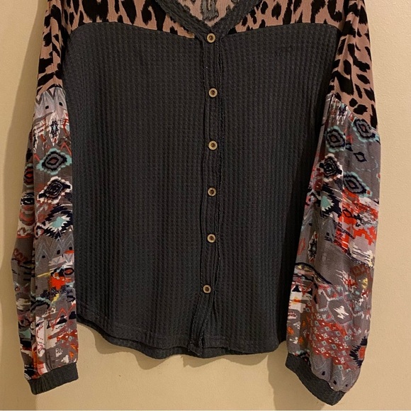 Umgee Women’s Waffle Knit Long  Sleeve Mixed Pattern Boho Peasant Size S - Picture 4 of 10
